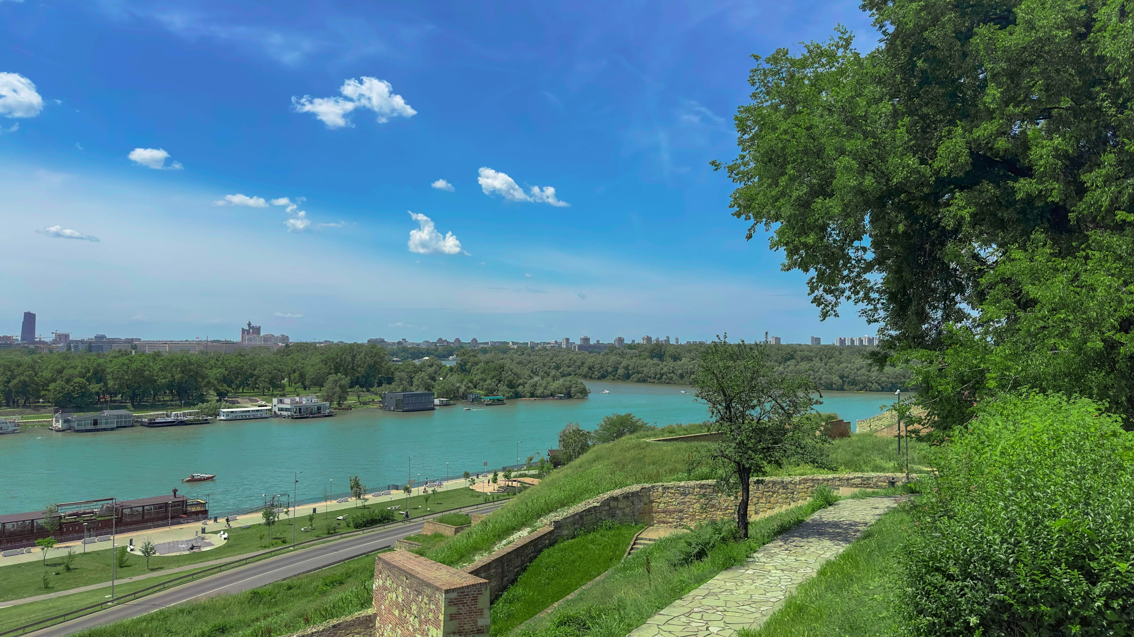 The view from Belgrade Fortress over the confluence of the Sava and Danube rivers, New Belgrade beyond.