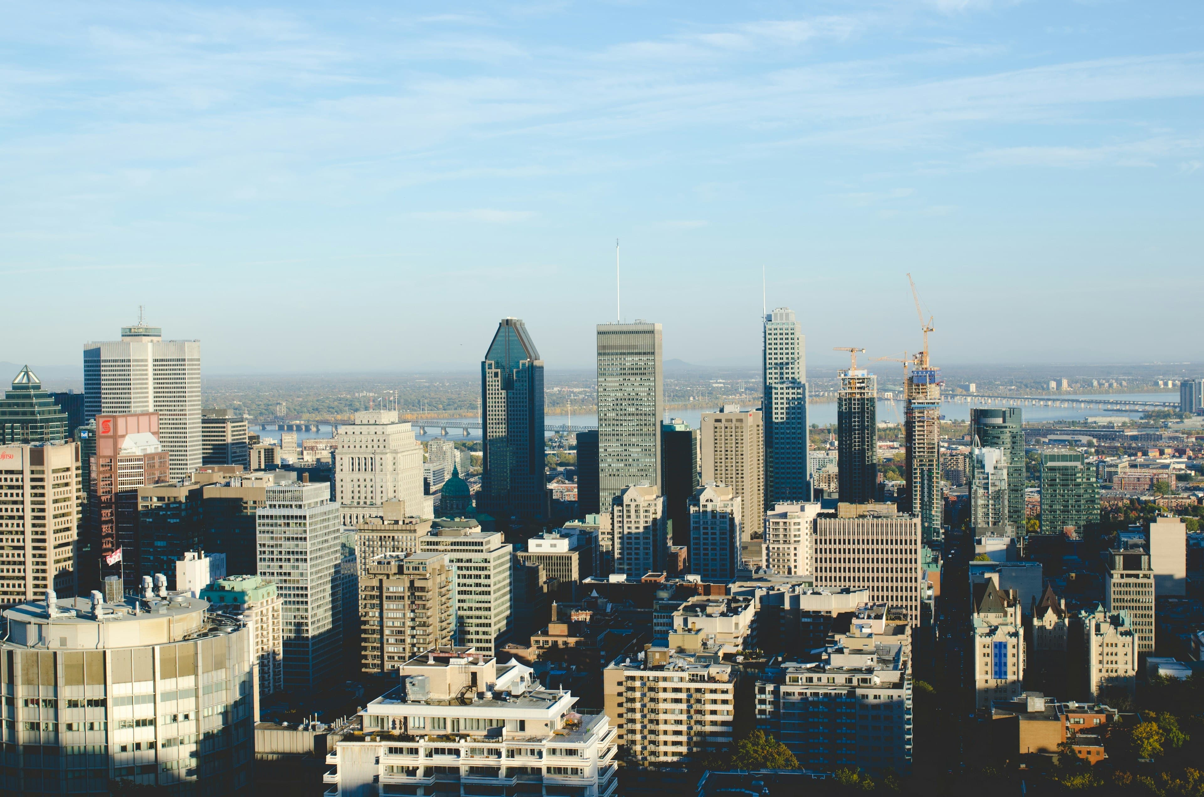 The downtown Montreal skyline seen from Mount Royal on a clear day, the St. Lawrence River and its bridges beyond the towers.